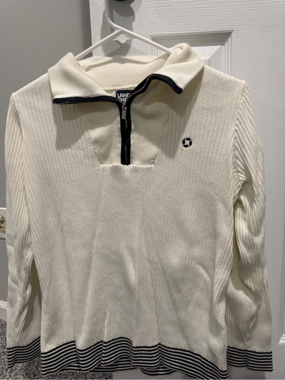 JPMorgan Chase Lands' End Cream Quarter-Zip Ribbed Sweater with Black Trim